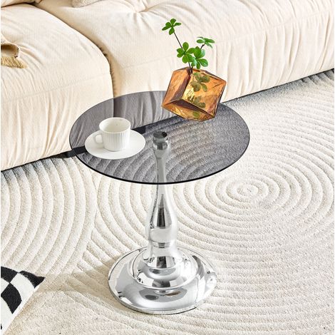 Mesa de centro redonda de vidrio templado 50 cm con estructura metálica plateada OKMYHOME (1/5)