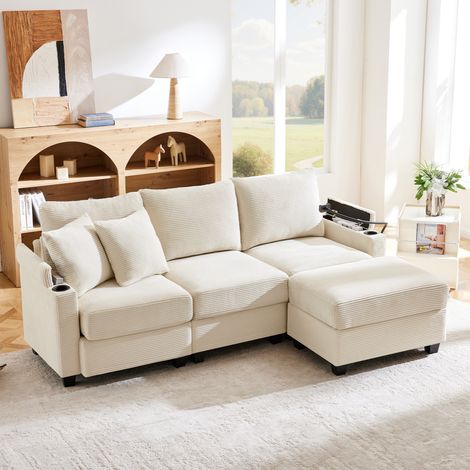 Sofa aus Cord Beige 213,5 x 139 cm, 3-Sitzer Ecksofa mit Hocker, USB und variabler L-Form