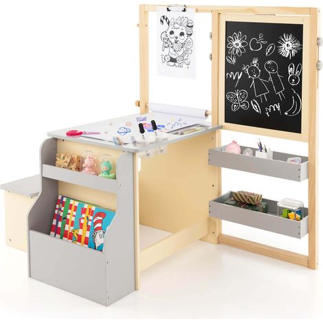 Kids Art Center Wooden Table Bench Set-Gray (1/5)