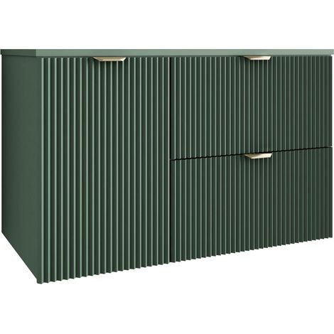 Mobile da bagno con frontale scanalato 100 cm (60+40) con cesto portabiancheria, verde, con maniglia dorata, 100 x 47 x 60 cm (1/5)