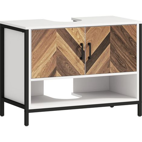 Meuble sous-évier à 2 portes et compartiment ouvert pour évier avec ou sans colonne, 80 x 40 x 60 cm, crème et noyer (1/5)