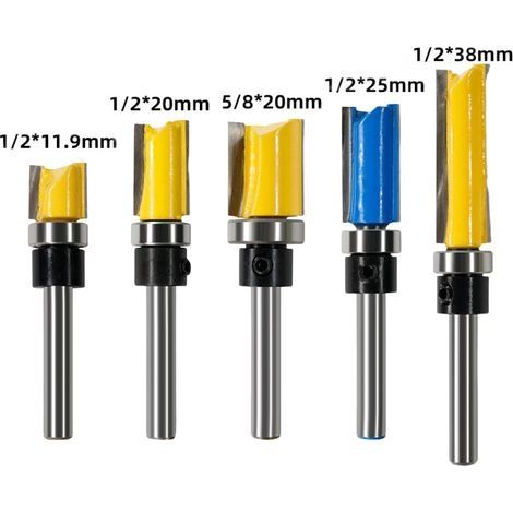 Lot de 5 fraises droites double avec tige de 6,35 mm, outils de fraisage à roulement supérieur pour le travail du bois (1/5)