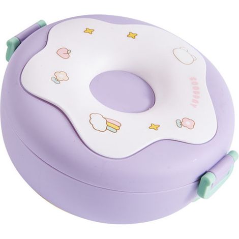 Set bestehend aus 1 donut-förmiger Bento-Box mit Deckel, Gabel und Löffel, Lunchbox aus Kunststoff, lila, ideal für Büro und Schule (1/5)