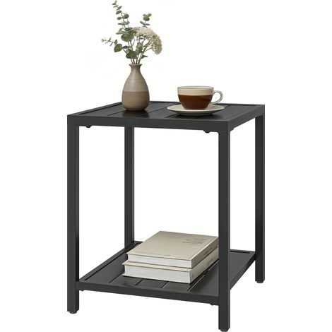 Zweistöckiger Gartentisch aus Metall mit Ablagefläche, quadratisch, 45 x 45 x 54 cm, schwarz