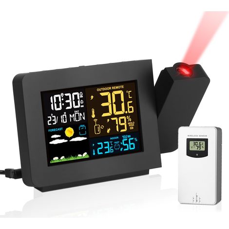 Sveglia con proiezione, orologio atomico radiocontrollato WWVB, stazione meteorologica, sensore esterno per temperatura/umidità, doppia sveglia, rotazione 180°