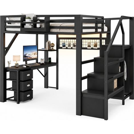 Lit mezzanine 140x200 avec bureau, 3 tiroirs, penderie intégrée, étagères et LED noire, structure métal MDF pour chambre ado gain de place - CHICFURN (1/5)