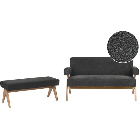 Conjunto de sala de estar retro sofá 2 plazas banco tapizado de bouclé patas de madera negro y marrón oscuro Tamre (1/5)