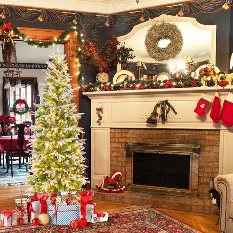 Sapin de Noël Artificiel de 190 cm Arbre de Noël à Charnières Floqué de Neige 671 Pointes 60 Pommes de Pin 280 Lumières LED Blanc Chaud (1/5)