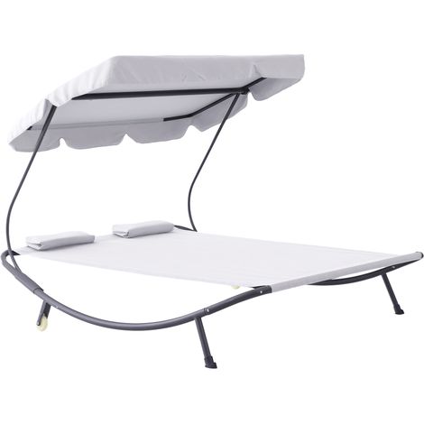 Outsunny Double Sun Lounger with Adjustable Detachable Canopy, Portable Garden Daybed for 2 with Wheels, Outdoor Sunbed Hammock with 2 Pillows, 220 KG Max. Load, White