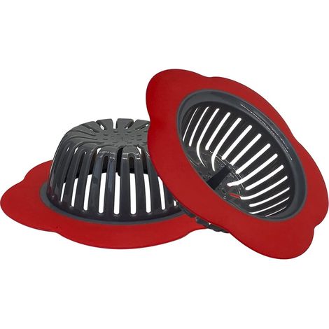 Lot de 2 grandes crépines d'évier en silicone, crépine de cuisine de 11,4 cm (4,5 pouces), retient efficacement les débris solides (rouge) (1/5)