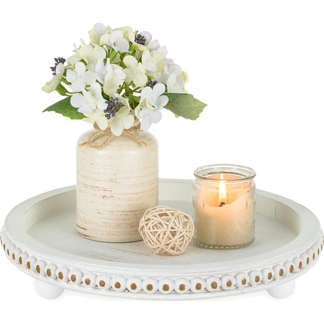 Centre de Table Plateau Decoratif: Vintage Rond Perles Plateau Bois Lavage Blanc avec Pieds pour Salon Chambre 30cm Retro Bougie Déco pour Maison Table Basse (1/5)