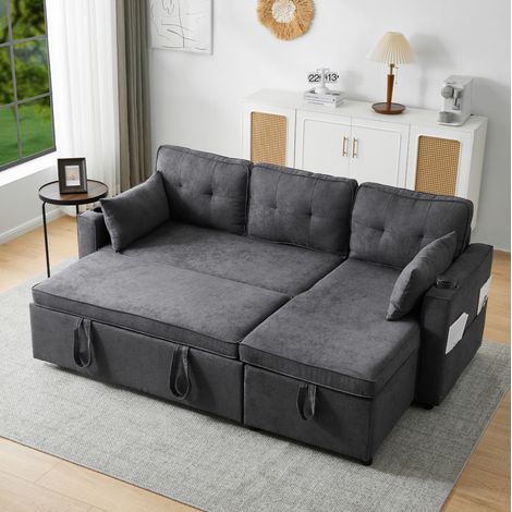 Schlafsofa Baumwoll-Leinenstoff Grau 211x130x86 cm, mit Chaiselongue, Stauraum und Getränkehaltern (1/5)