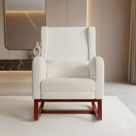 Poltrona a Dondolo con Poggiapiedi Estraibile - Sedia a Dondolo per Salotto o Allattamento - Poltrona Relax Imbottita in Tessuto Materiale in cotone e lino Beige - Schienale Alto Ergonomico