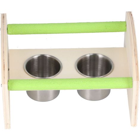 Support en bois pour perroquet avec 2 mangeoires en acier inoxydable, jouet d'entraînement pour le jardinage extérieur (1/5)