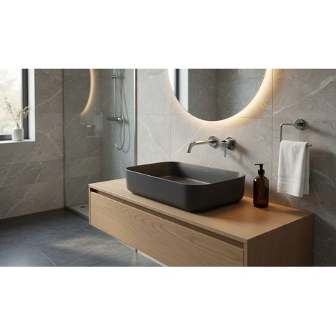 Lavabo rettangolare da appoggio senza troppo pieno in ceramica senza foro rubinetto - Antracite Opaco