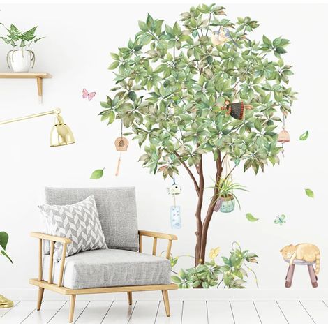 Wandaufkleber mit tropischen Pflanzen, grünem Baum, Vögeln auf Baum, abnehmbaren grünen Blättern für Schlafzimmer, Wohnzimmer, Sofa-Hintergrund (D)