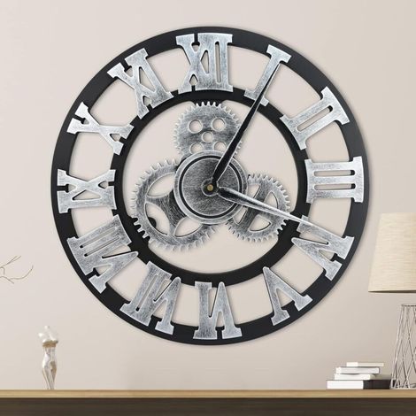 Horloge murale grande de 40 cm, silencieuse, non tic-tac, horloge murale, vintage, pour la maison, la chambre à coucher, le salon, la cuisine, la bar (argenté)