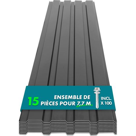 Floordirekt – Lot de 15 tôles métalliques 115 x 45 cm – Épaisseur 0,25 mm – Résistantes aux intempéries et UV – Kit de montage inclus avec 100 vis