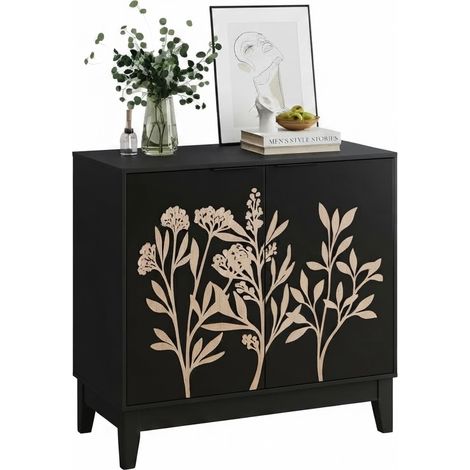 ELVMI Aparador con 2 Puertas y Estantes Regulables, Motivo Floral Tallado, en MDF, Negro, Salón (1/5)