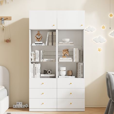 Vitrine armoire haute bibliothèque rangement avec espaces ouverts, tiroirs et étagères en verre réglables – blanc, lot de 2, 100×40×180 cm (1/4)