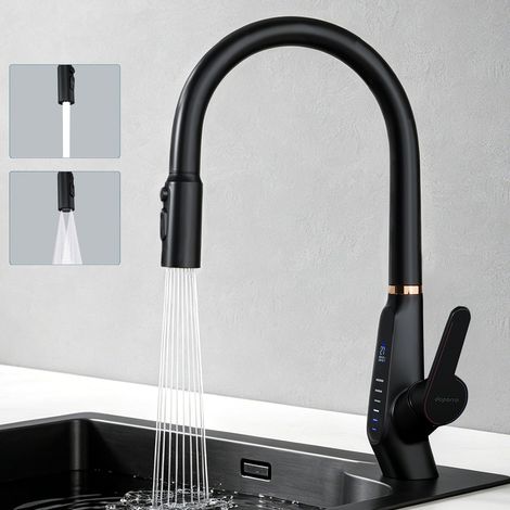 Mai & Mai Rubinetto per Cucina, 3 Modalità con Doccetta Estraibile, Rubinetto Lavello Cucina in Ottone con Display Digitale a LED, Tubi e Accesorri, Design Moderno Nero MS-8085 (1/5)