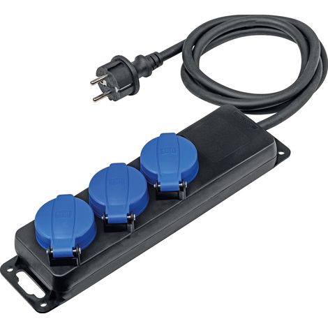 as - Schwabe 38601 - Presa multipla con cavo da 1,5 m, H07RN-F 3G1,5, presa multipla con coperchio a scatto e fissaggio a parete, per esterni, 230 V, 16 A, IP44, colore: Nero