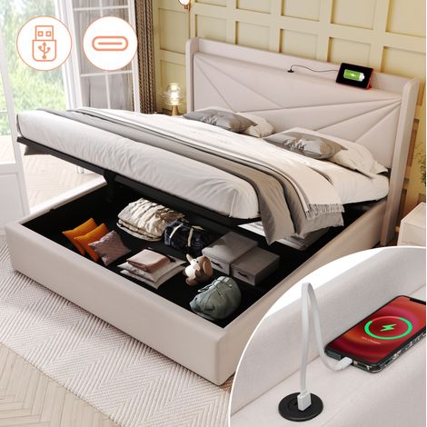 Cama tapizada 140/200 cm beige de algodón y lino con almacenaje y carga USB-C (1/5)