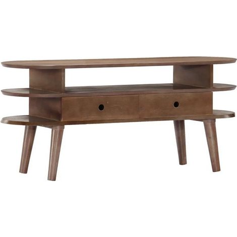 Meuble TV 2 tiroirs acacia massif foncé Zomba 110cm (1/4)
