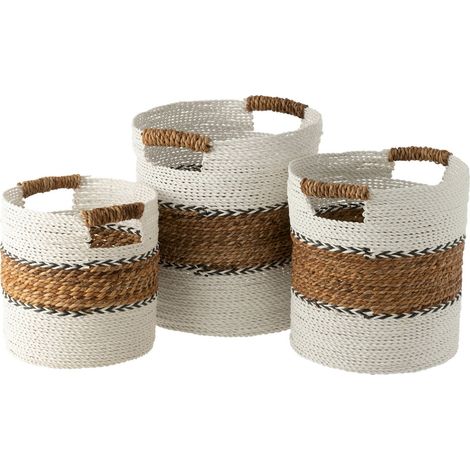 Panier rangement raphia naturel et blanc pour intérieur élégant - Blanc naturel et marron raphia (1/4)