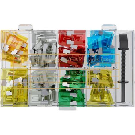 Assortimento di fusibili per l’auto, 101 pz., dimensioni dei fusibili piatti: 19,1 x 5,1 x 18,5 mm.