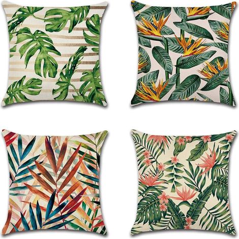 Housse de Coussin Animaux Fleurs La Vie Marine Plante Tropicale Taie d'oreiller pour Canapé Maison Salon Chambre Décoration D'intérieur,45x45cm,Ensemble de 4 pièces (Plante Tropicale B) (1/5)