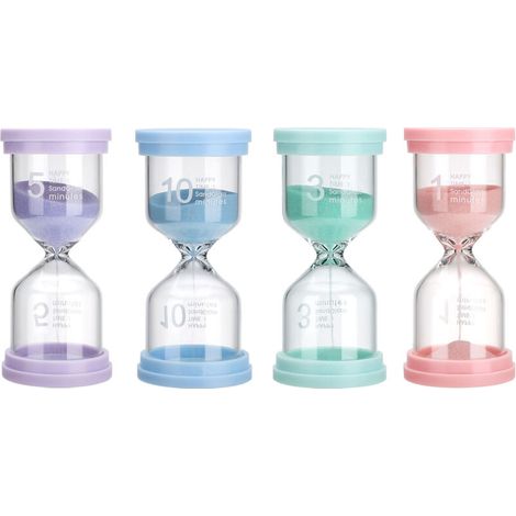 Set mit 4 Sanduhren für den Stundenplan im Klassenzimmer – 1, 3, 5, 10 Minuten – PVC, Glas, Silikon – tragbar und robust (1/5)