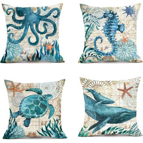 Housse de coussin extérieur étanche lot de 4 avec motif marin bleu pour terrasse et salon 45x45cm (1/2)