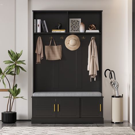 Ensemble de meubles d'entrée avec banc à chaussures, armoire avec 6 crochets, cloisons ouvertes, gain de place, adapté aux zones d'entrée, couloir, 120×40×191 cm, Noir (1/5)