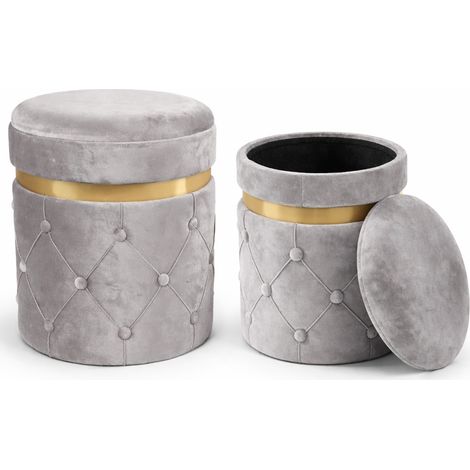 Set 2 Pouf Contenitori Grigio in Velluto con Design Trapuntato 38x44cm 31x38cm (1/5)