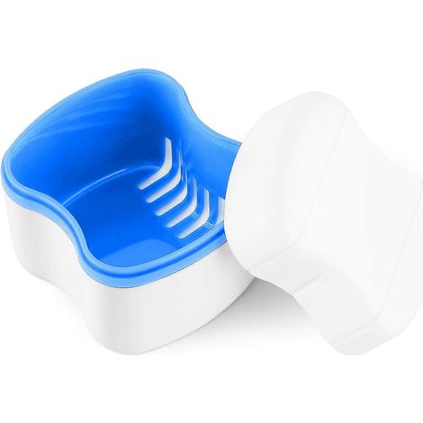 Boîte de rangement pour prothèses dentaires avec panier lavable, boîte de rangement pour le trempage et le nettoyage des prothèses dentaires - Bleu (1/5)