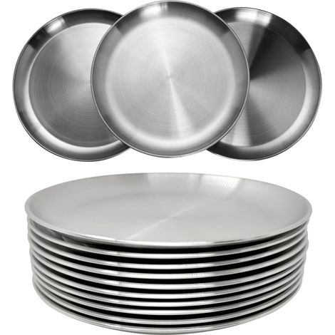 Lot de 10 assiettes en acier inoxydable légères et incassables, non toxiques, passent au lave-vaisselle, sans BPA et saines (1/5)