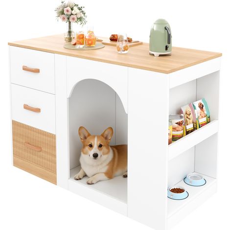 Isla de Cocina con 3 Cajones, 2 Huecos Abiertos y Zona para Mascotas, en MDF Blanco y Madera, 120 x 60 x 90 cm (1/5)