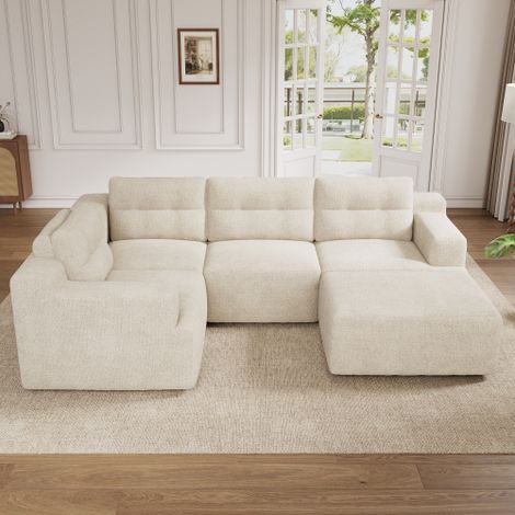 Canapé d'angle,canape convertible 5 places,canapé modulable en forme de L ou de U,avec Dossier indépendant avec appui-tête,aucun assemblage requis,Tissu Chenille,spacieux et confortable,Beige (1/5)