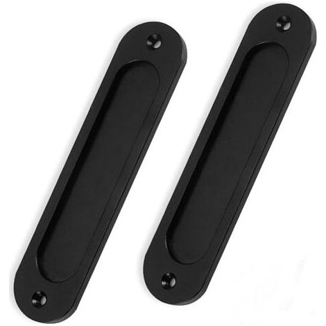Lot de 2 poignées de porte de grange - Noir mat - 15 cm - Rondes - Plaque plate encastrée - Poignées de porte coulissantes - Poignée en aluminium pour placards et tiroirs (1/4)
