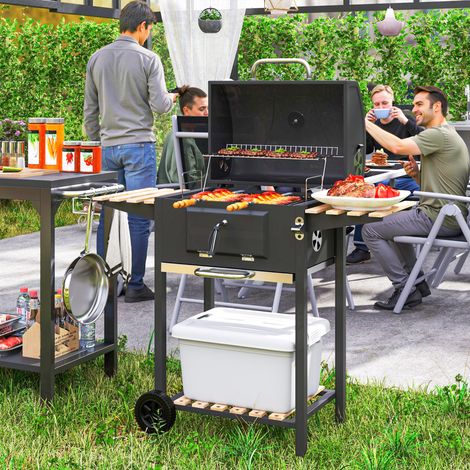 Barbecue charbon brasero hauteur réglable chariot étagères thermomètre ouvre-bouteille acier bois, noir