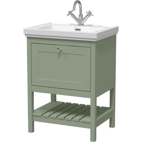 Balterley Coppenhall Traditional Bathroom 1 Soft Close Drawer Floor Standing Vanity Unit Basin, Fern Green, 630mm (1/4)