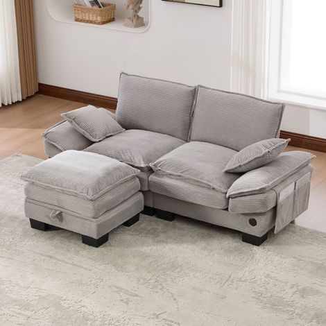 Canapé d'angle 190x132x84cm Velours Côtelé Gris Clair - Modulable avec Pouf Coffre de Rangement, Port USB-C et Poches Latérales (1/5)