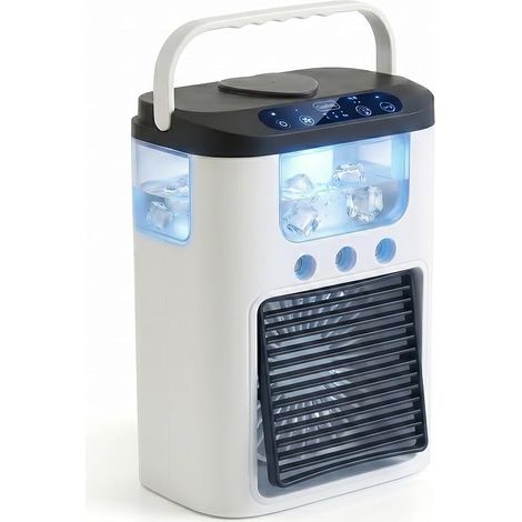 Ventilateur de climatisation portable, alimenté par USB, mini rechargeable climatiseur de bureau avec 3 vitesses et 3 modes de brumisation, réservoir d'eau de 600 ml, lumière RGB