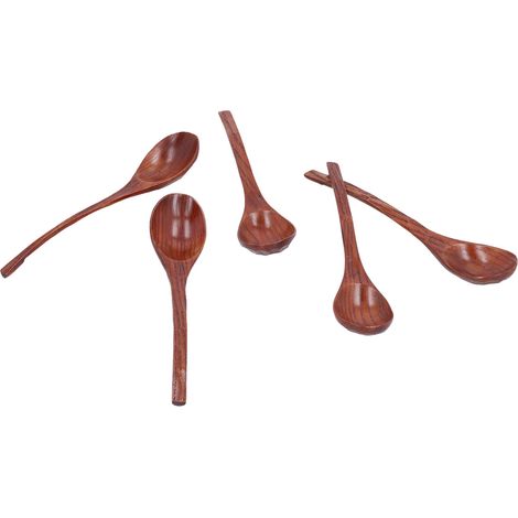Lot de 5 cuillères en bois antidérapantes à conduction thermique lente, avec long manche, idéales pour cuisiner et remuer les soupes chaudes. (1/5)