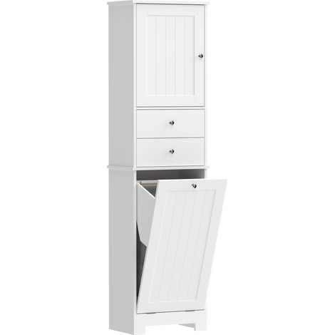 Mobile Alto da Bagno 45x30x171 cm con Cesto per Biancheria a Ribalta in Legno Bianco (1/5)