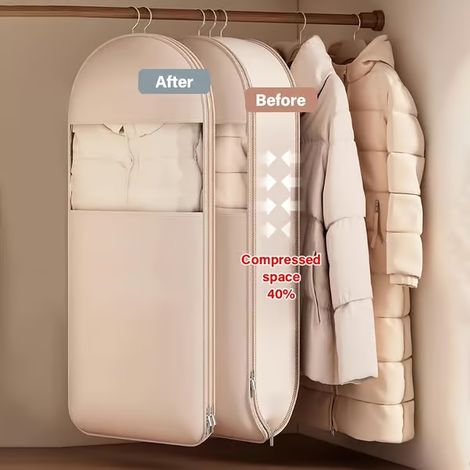 Sac suspendu compressible beige 3 tailles pour vêtements, sac de rangement sous vide économisant 40% d'espace, pour manteaux, garde-robe d'hiver Beige M (1/5)