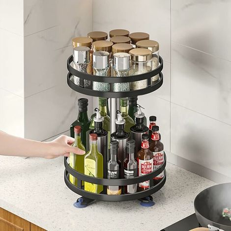 Spice Rack Rotatable Spice Rack 2 Tiers Stainless Steel Rotating Spice Rack Turntable Kitchen Cupboard 360Ḟ Cupboard Organizers Adjustable Height -Round (1/5)