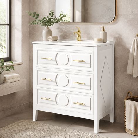 Mueble de baño con lavabo retro blanco en MDF, lavabo de cerámica, 3 cajones soft-close, 81 x 46,5 x 86,5 cm (1/5)