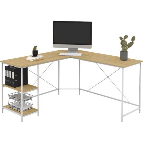 Idmarket – Bureau d'angle en L DETROIT bois et métal blanc – Longueur 147 cm – Largeur 147 cm – Hauteur 75,4 cm – 2 étagères latérales